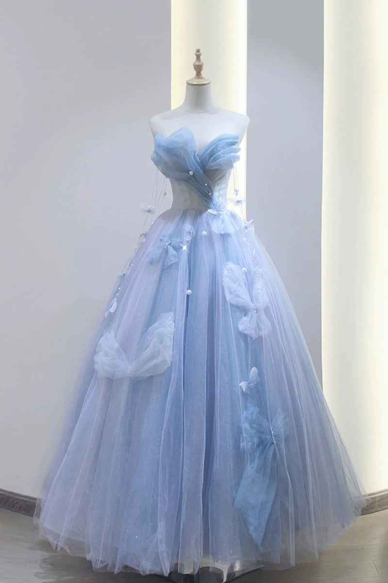 A Line Blue Tulle Long Prom Dress, Strapless Long Blue Beaded Tulle Fo –  Eip Collection