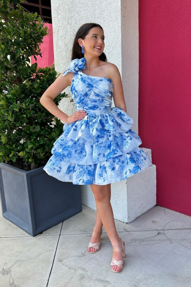 A Line One Shoulder Short Blue Floral Prom Dresses, Blue Short Floral