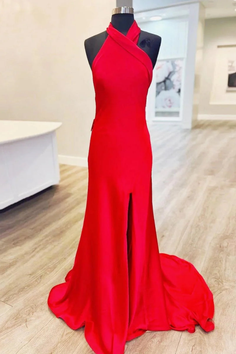 Red Satin Halter Neck Tie Front Open Back Mini Prom Dress