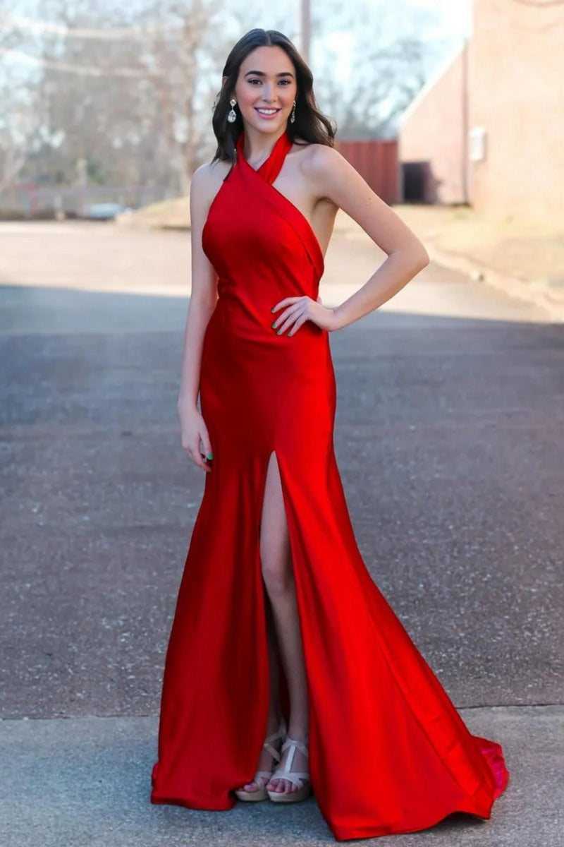A Line Open Back Red Satin Long Prom Dresses with High Slit, Long Red