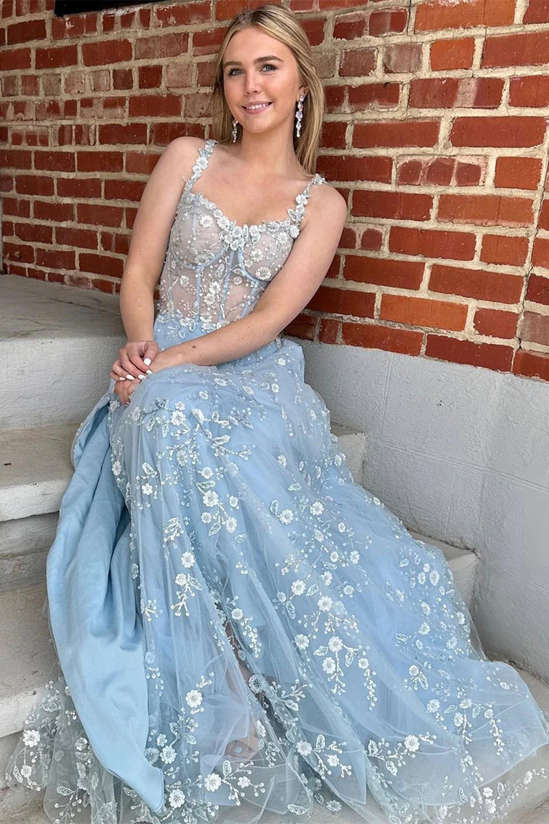 A Line Pink/Blue Lace Floral Long Prom Dresses, Pink/Blue Lace Formal