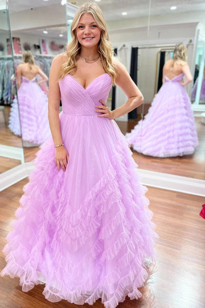 A Line Strapless Light Blue/Lilac Ruffle Tulle Long Prom Dresses, Open Back Strapless Formal Dresses, Light Blue/Lilac Evening Dresses