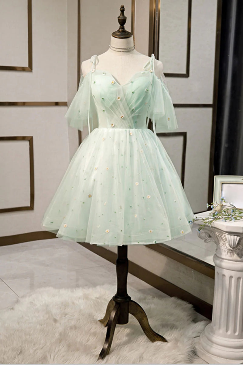 A Line Sweetheart Neck Short Light Green Floral Prom Dresses, Short Gr