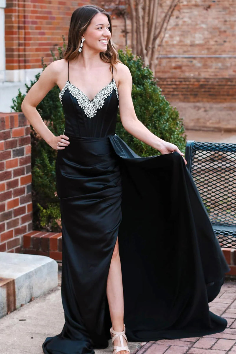 A Line V Neck Backless Beaded Black Long Prom Dresses with High Slit