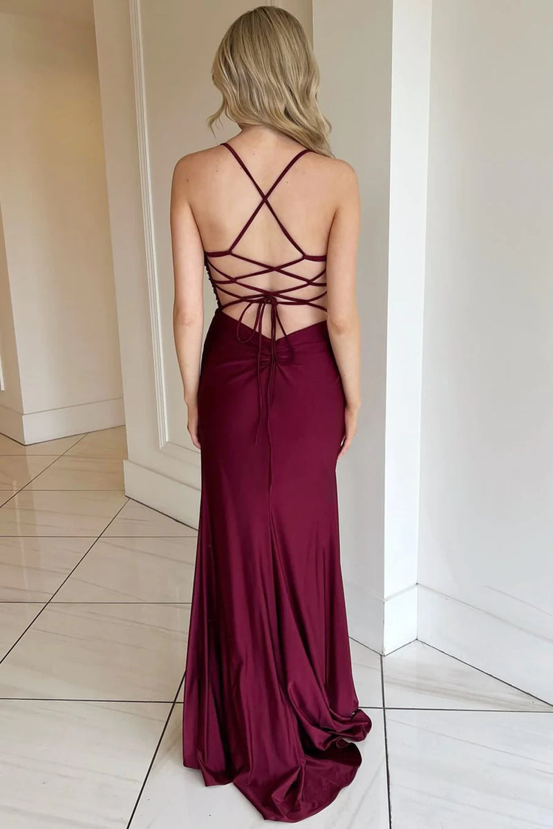 A Line V Neck Backless Burgundy Long Prom Dresses with High Slit, Back