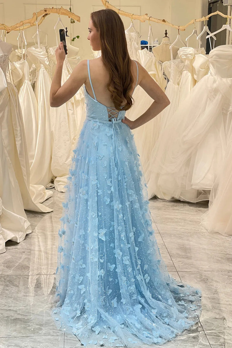 A Line V Neck Blue Butterfly Prom Dresses, Blue Butterfly Formal Eveni
