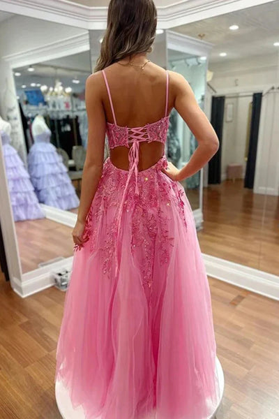 A Line V Neck Open Back Floor Length Hot Pink Lace Long Prom Dresses with High Slit, Hot Pink Lace Formal Graduation Evening Dresses