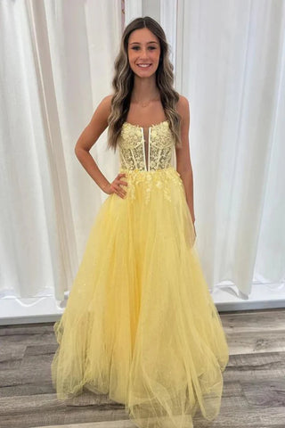 A Line V Neck Open Back Yellow Lace Long Prom Dresses, Yellow Lace Formal Dresses, Long Yellow Evening Dresses