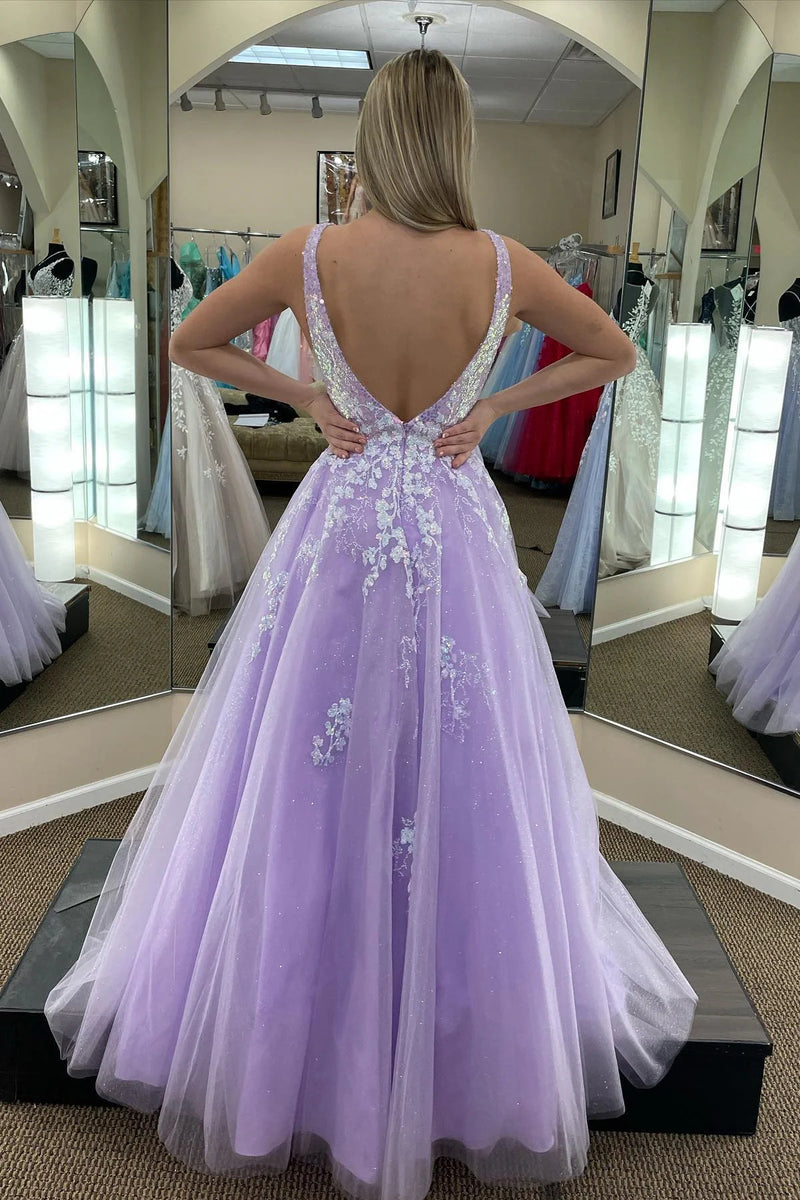 A Line V Neck Purple Lace Evening Prom Dress, Purple Lace Long Formal Bridesmaid Dress main image 1