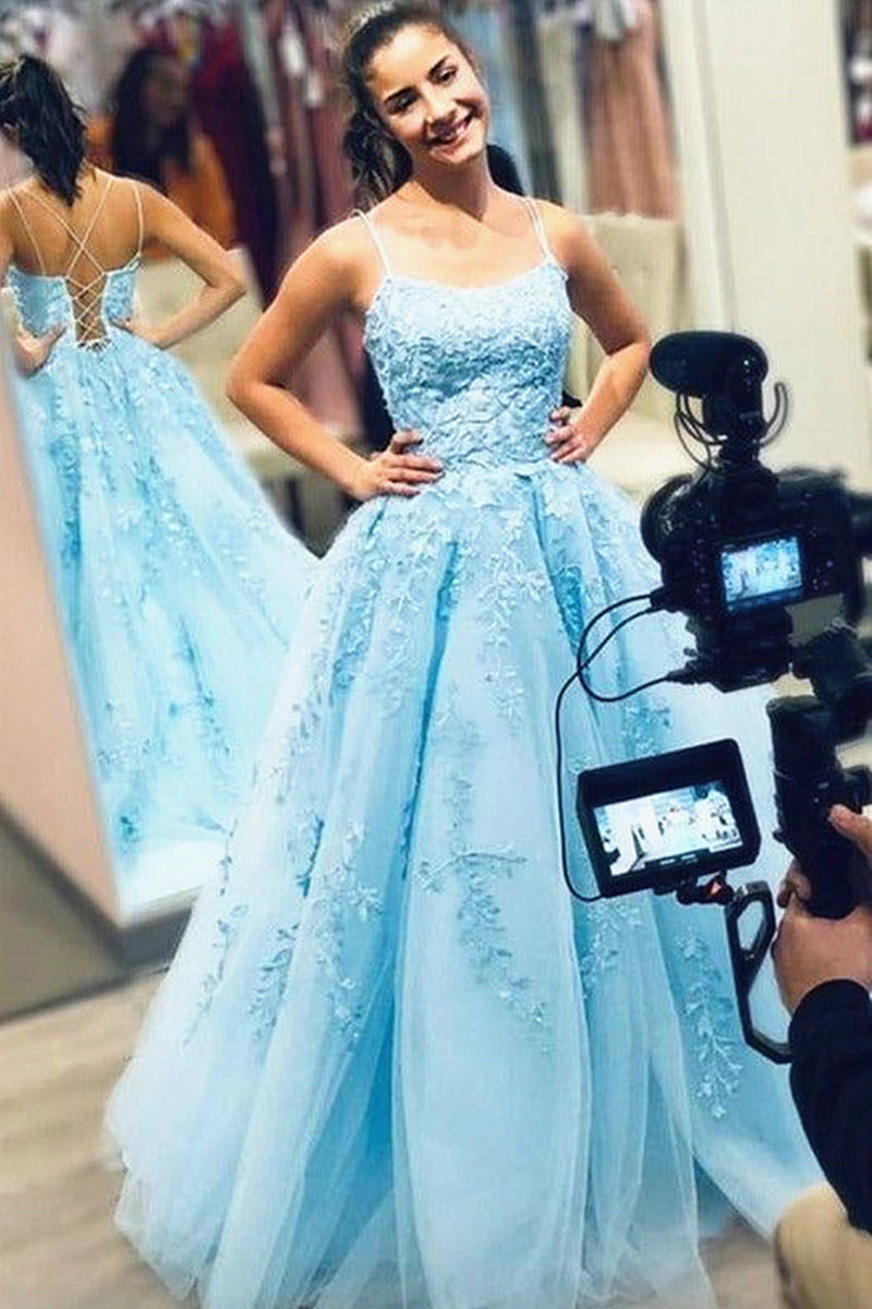 Backless Blue Lace Prom Dresses, Open Back Blue Lace Formal Evening Dr
