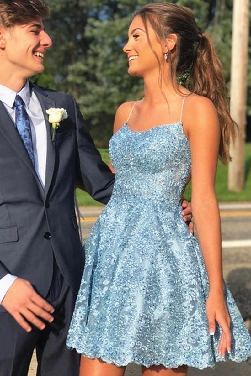 V Neck Short Backless Blue Lace Prom Dresses, Open Back Short Blue Lace Formal Homecoming Dresses main image 1