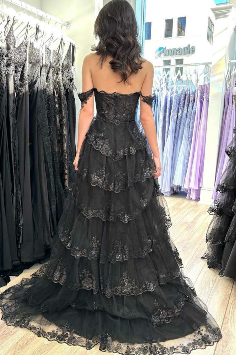 Black Layered Lace Prom Dresses, Black Lace Layered Long Formal Gradua