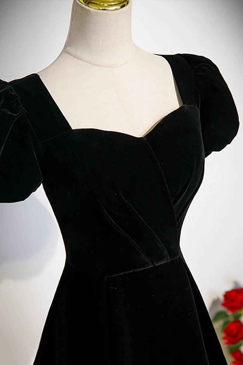 Black Velvet Short Sleeves Floor Length Long Prom Dress, Black Velvet