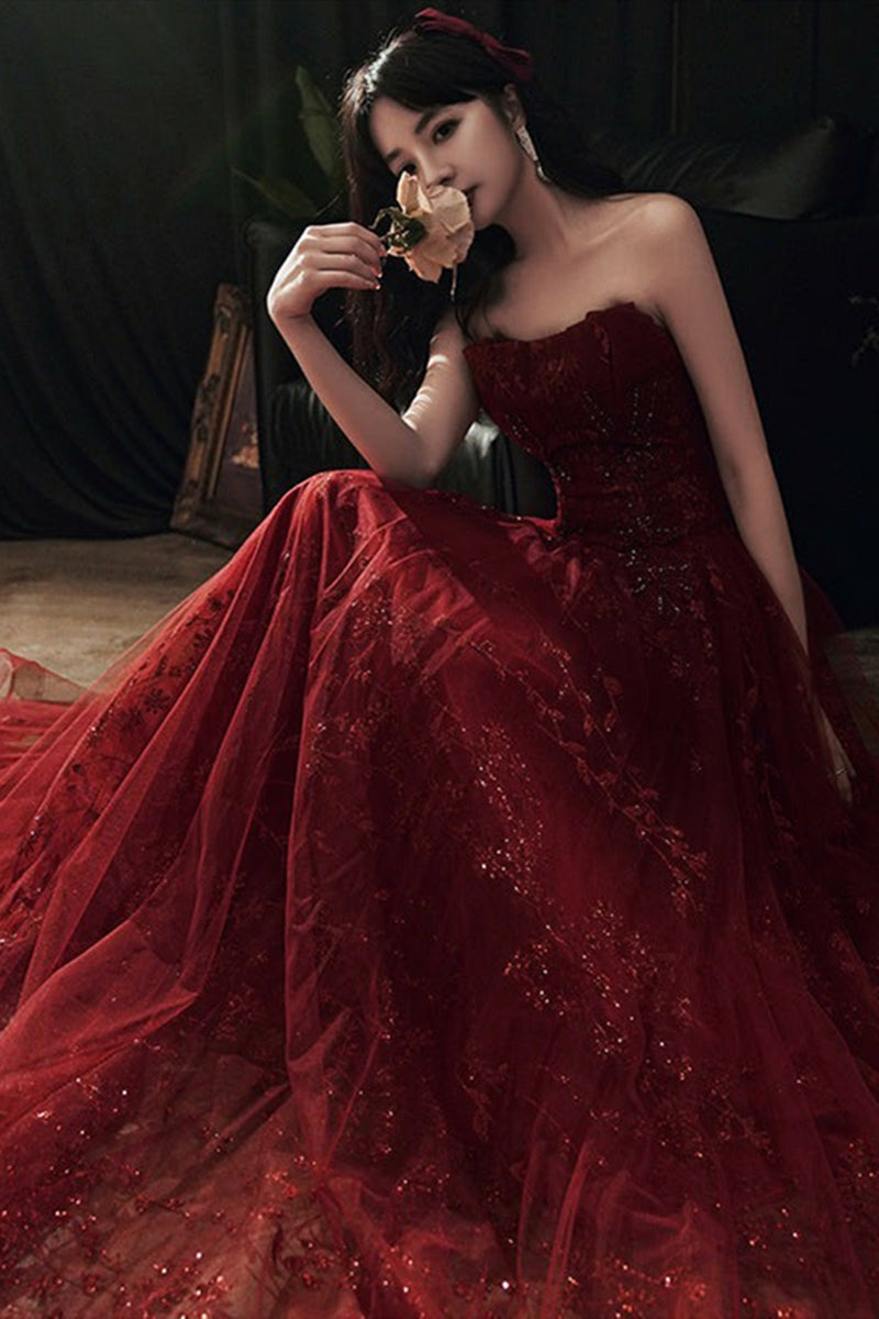 red wine lace prom dress Wine Satin & White Lace Appliques Split Prom Dress