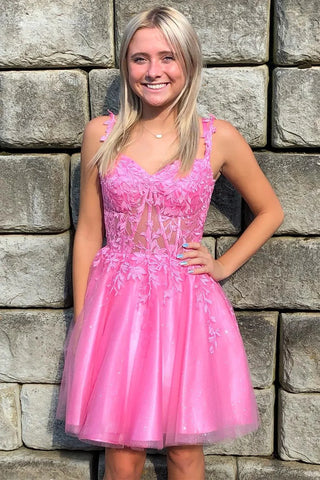 Cute A Line Pink Lace Short Prom Dresses, Pink Lace Homecoming Dresses, Pink Formal Evening Dresses