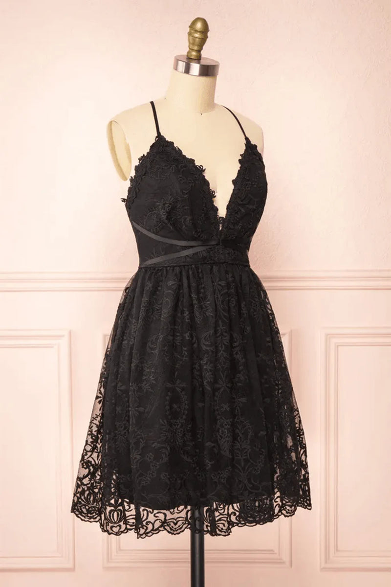 Cute V Neck Black Lace Short Prom Dresses, Black Lace Homecoming Dress