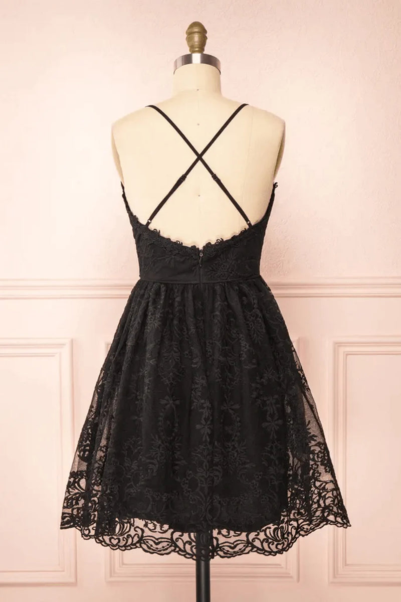 Cute V Neck Black Lace Short Prom Dresses, Black Lace Homecoming Dress