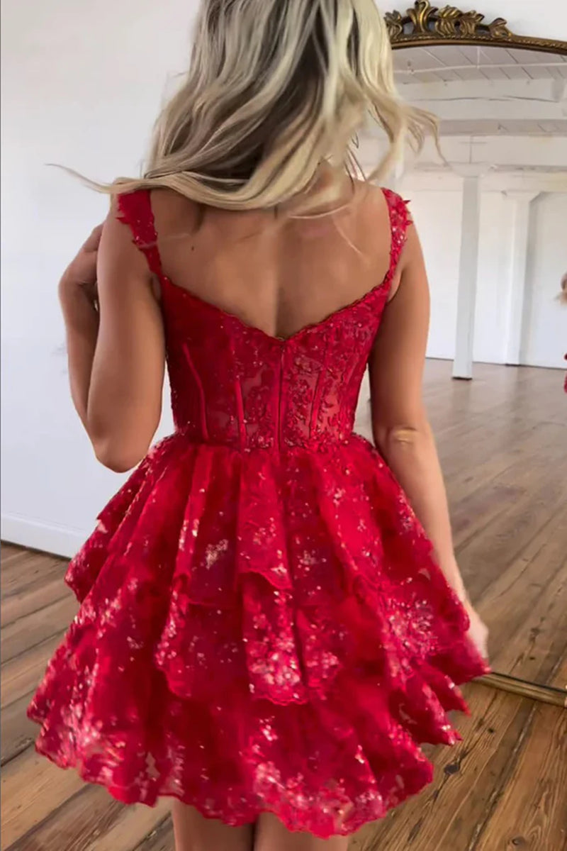 Cute V Neck Layered Red Lace Short Prom Dresses, Red Lace Homecoming D