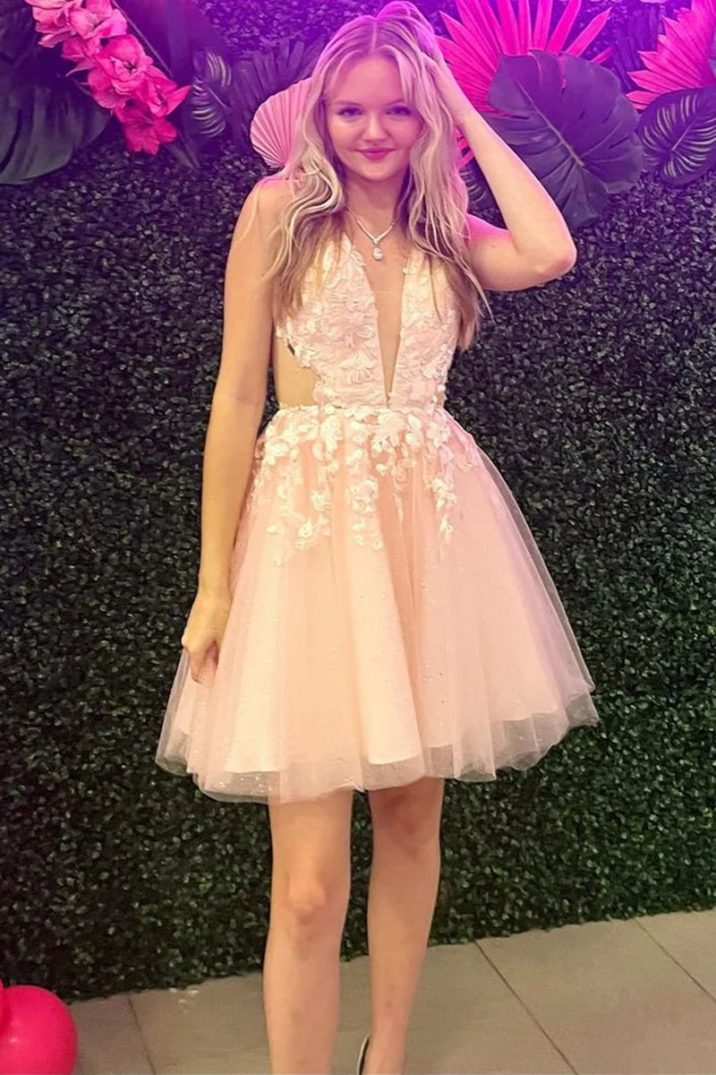 V Neck Short Rose Pink Prom Dresses, Short Rose Pink Formal Graduation Homecoming Dresses