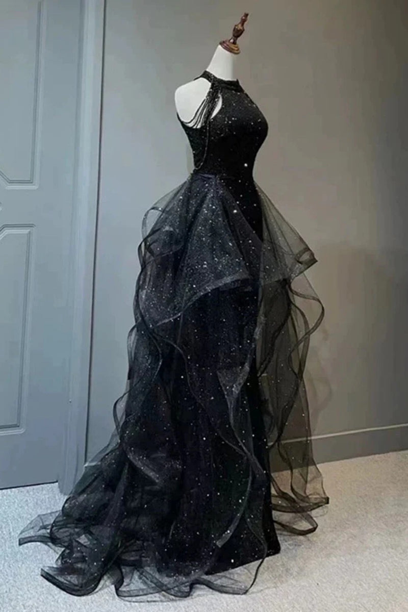 Halter Neck Black Navy Tulle Sequin Long Prom Dresses, Black Navy Long
