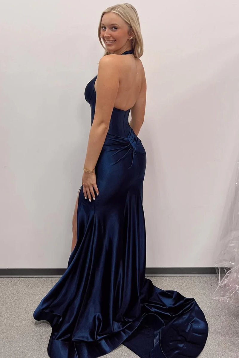Sexy Blue Mermaid Halter Side Slit Long Party Prom Dresses, Evening Dress,13237 main image 0