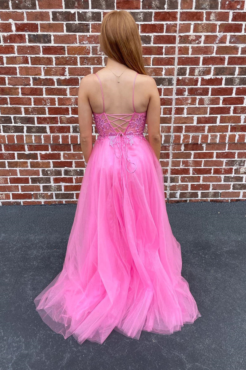Hot Pink Backless Lace Long Prom Dresses, Open Back Hot Pink Long Lace –  Eip Collection