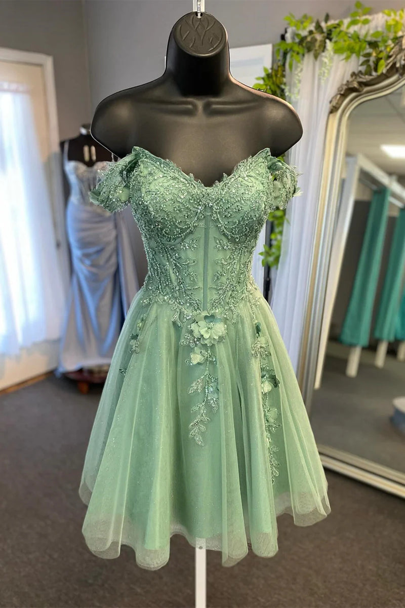 Off Shoulder Sage Green Lace Prom Dresses, Short Sage Lace Homecoming Eip Collection Off Shoulder Sage Green Lace Prom Dresses, Short Sage Lace Homecoming Eip Collection