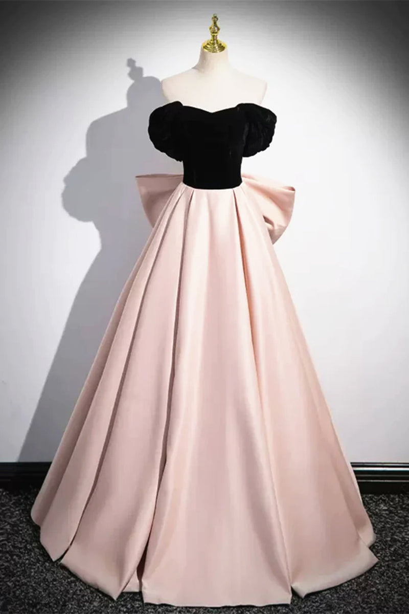 Off the Shoulder Black Pink Satin Long Prom Dresses, Pink Black Long F