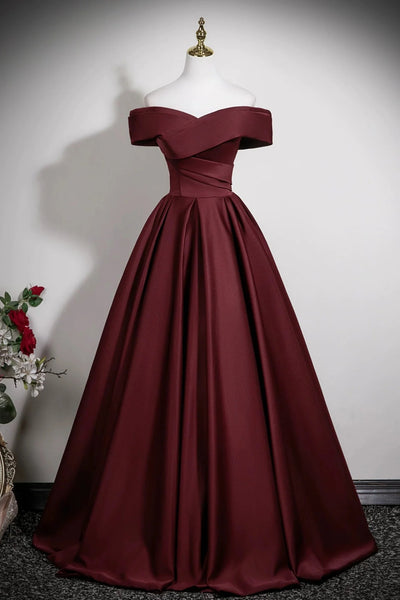 Off the Shoulder Burgundy Satin Long Prom Dresses, Off Shoulder Wine Red Formal Homecoming Dresses