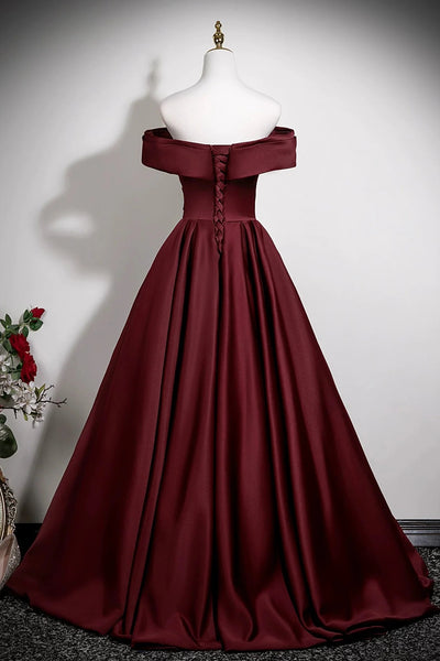 Off the Shoulder Burgundy Satin Long Prom Dresses, Off Shoulder Wine Red Formal Homecoming Dresses