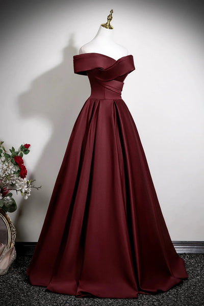 Off the Shoulder Burgundy Satin Long Prom Dresses, Off Shoulder Wine Red Formal Homecoming Dresses