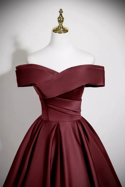 Off the Shoulder Burgundy Satin Long Prom Dresses, Off Shoulder Wine Red Formal Homecoming Dresses