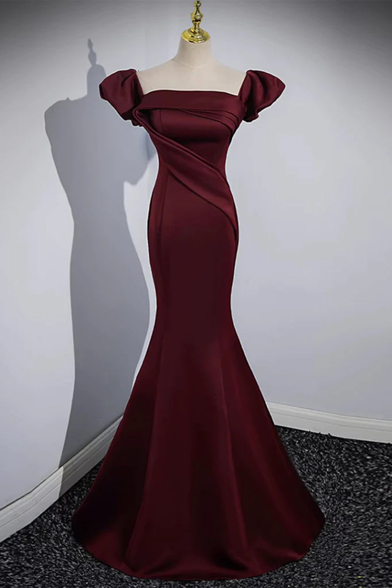 Chic Mermaid One Shoulder Burgundy Satin Long Prom Dress, Evening Dress
