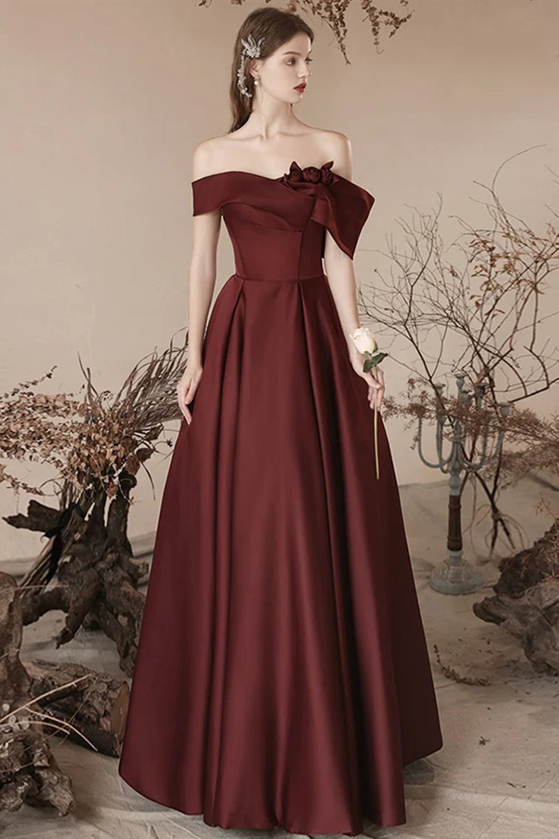 Off the Shoulder Burgundy Satin Long Prom Dresses, Wine Red Off Should