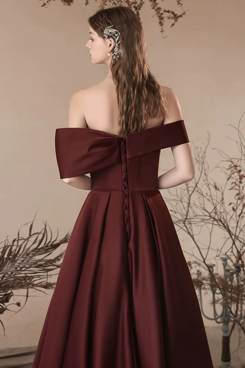 Off the Shoulder Burgundy Satin Long Prom Dresses, Wine Red Off Should