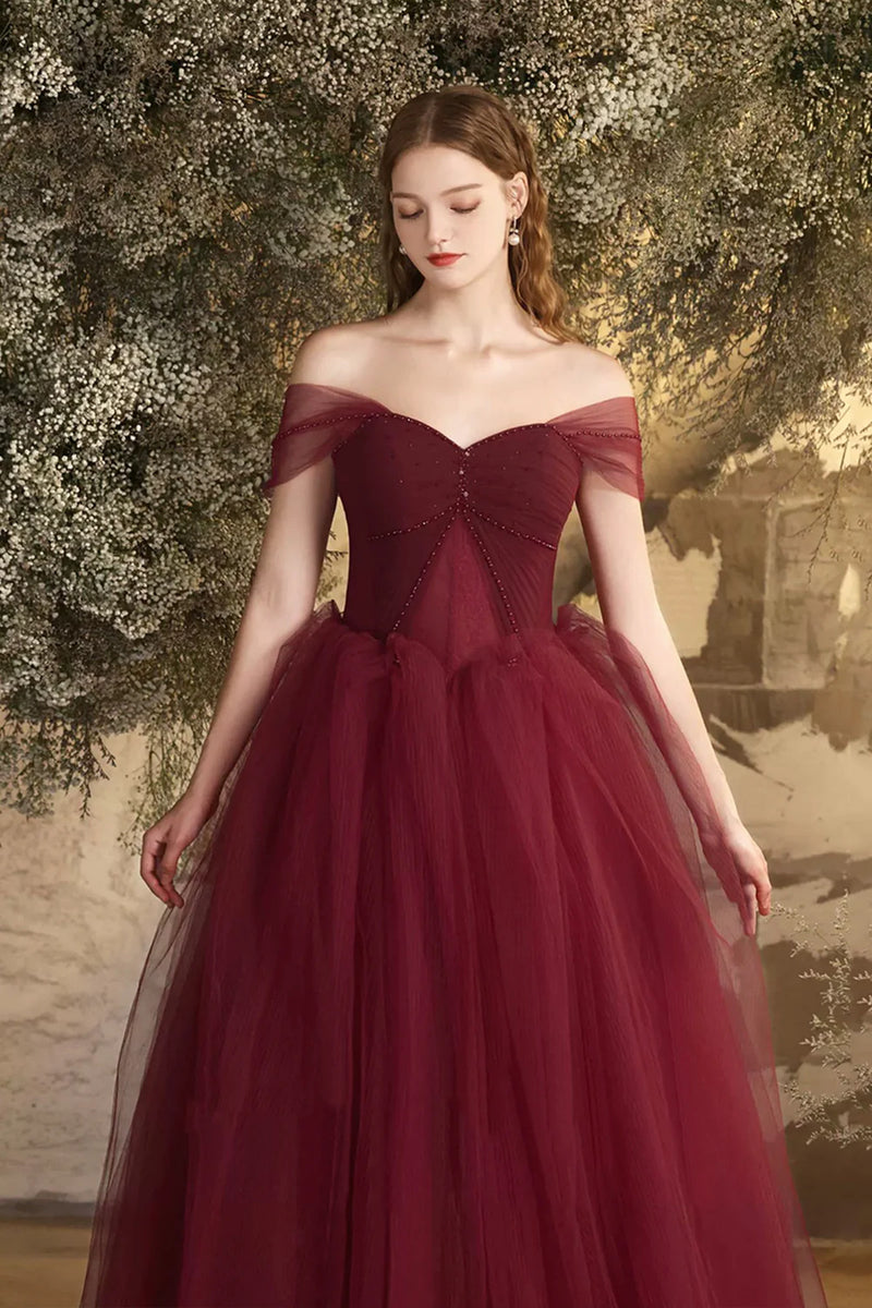 Off the Shoulder Burgundy Tulle Long Prom Dresses, Off Shoulder Wine R