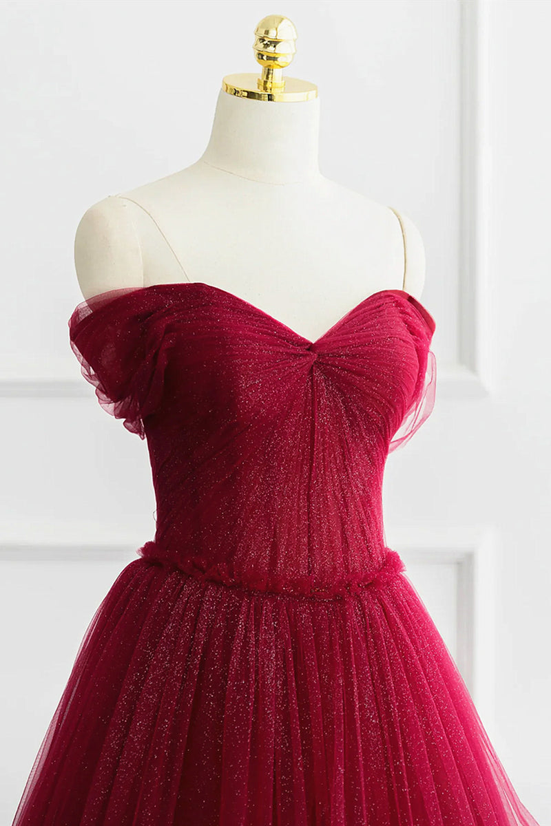 Strapless Burgundy Tulle Satin Long Prom Dresses, Wine Red Long Fomal Gowns