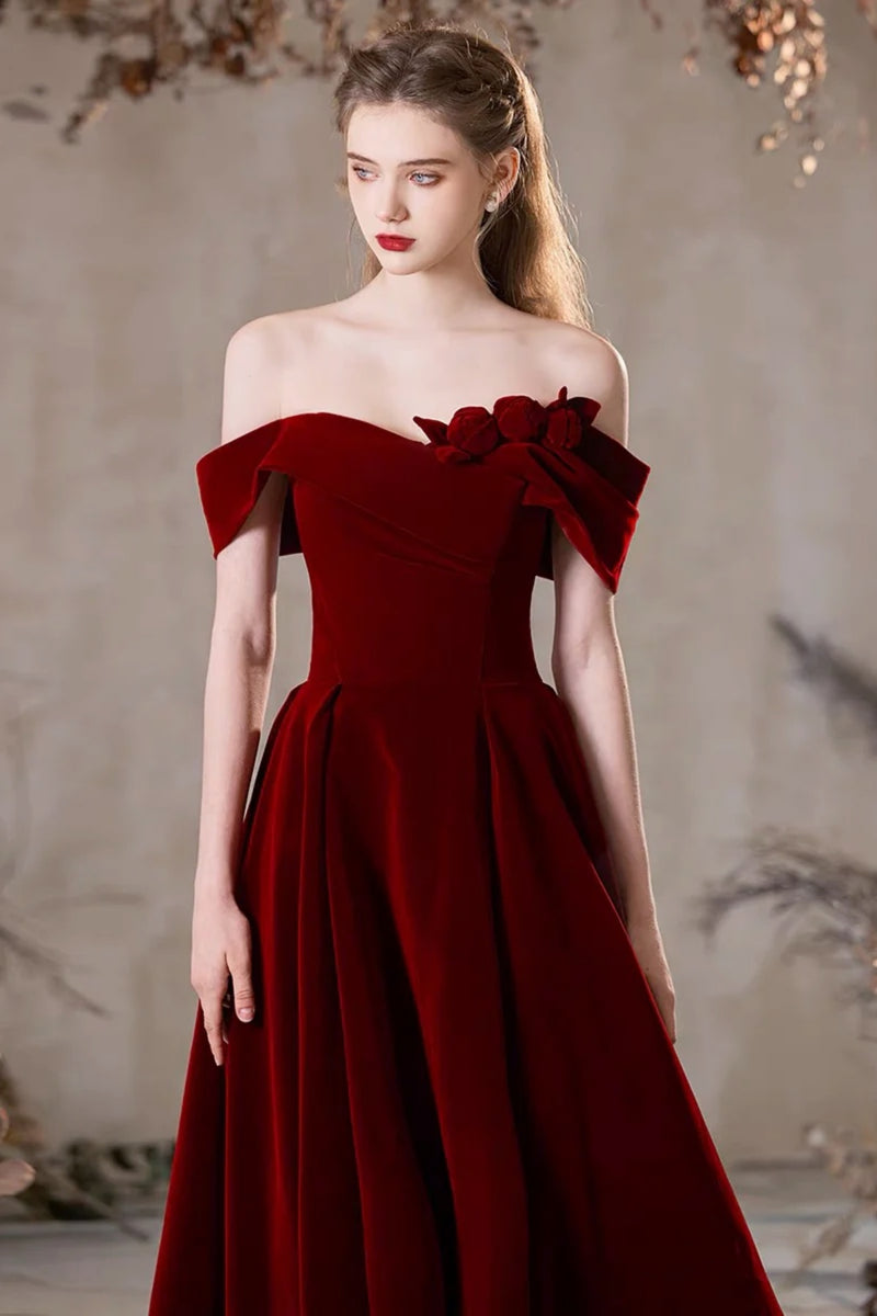 Off the Shoulder Burgundy Velvet Long Prom Dresses, Wine Red Off Shoul