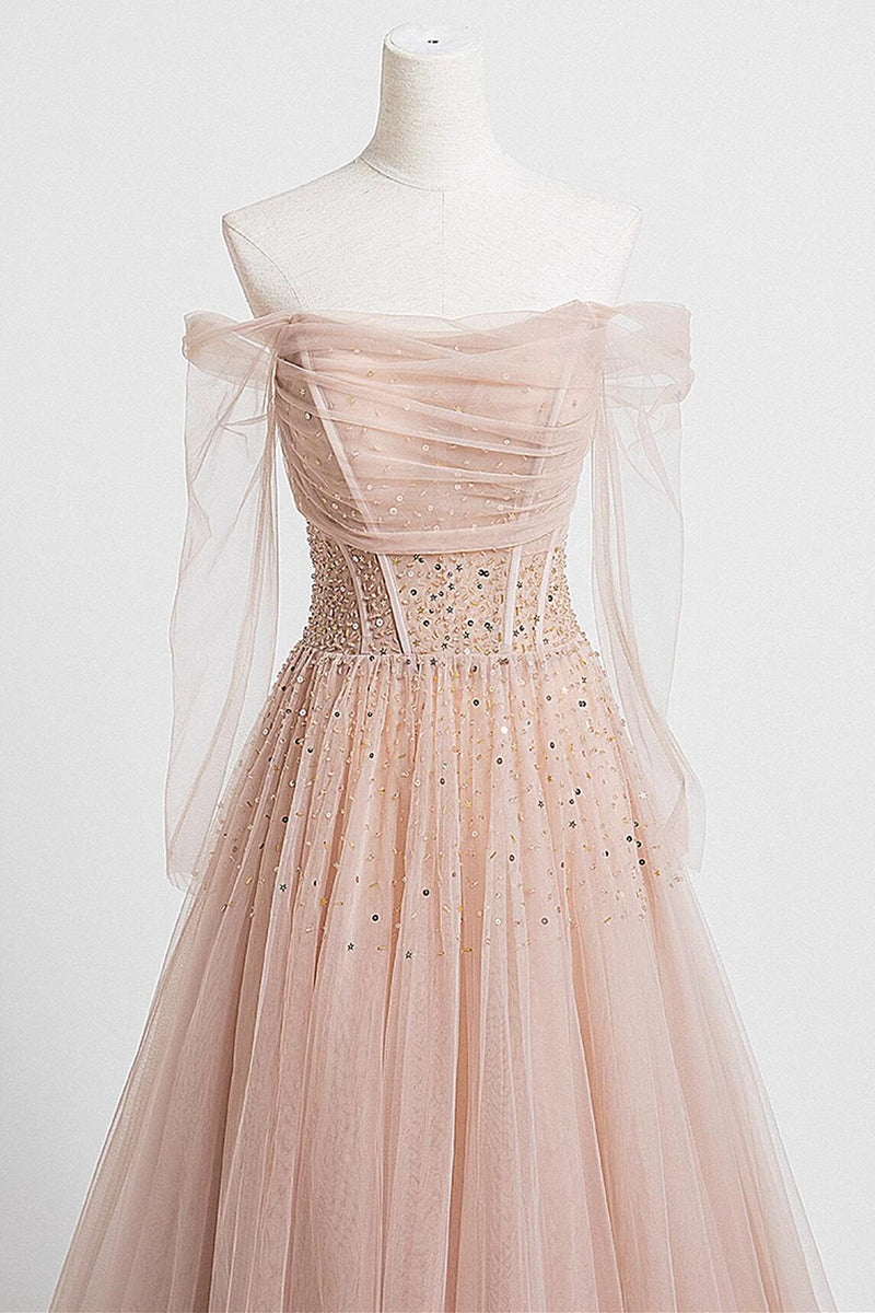 Champagne Off Shoulder Tulle Sequin Long Prom Dress, Champagne Evening Dress