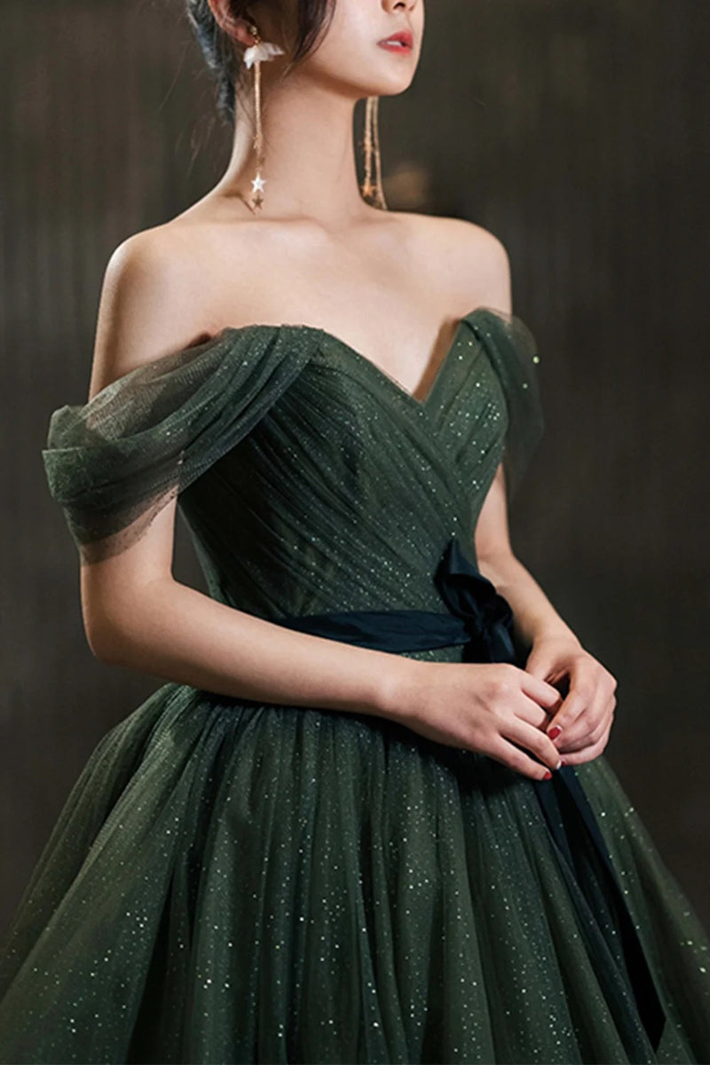 Off the Shoulder Dark Green Tulle Long Prom Dresses, Shiny Off the Sho