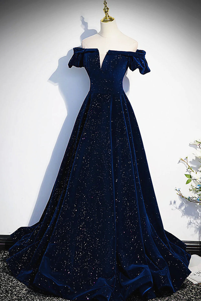 Off the Shoulder Dark Navy Blue Long Prom Dresses, Dark Navy Blue Long