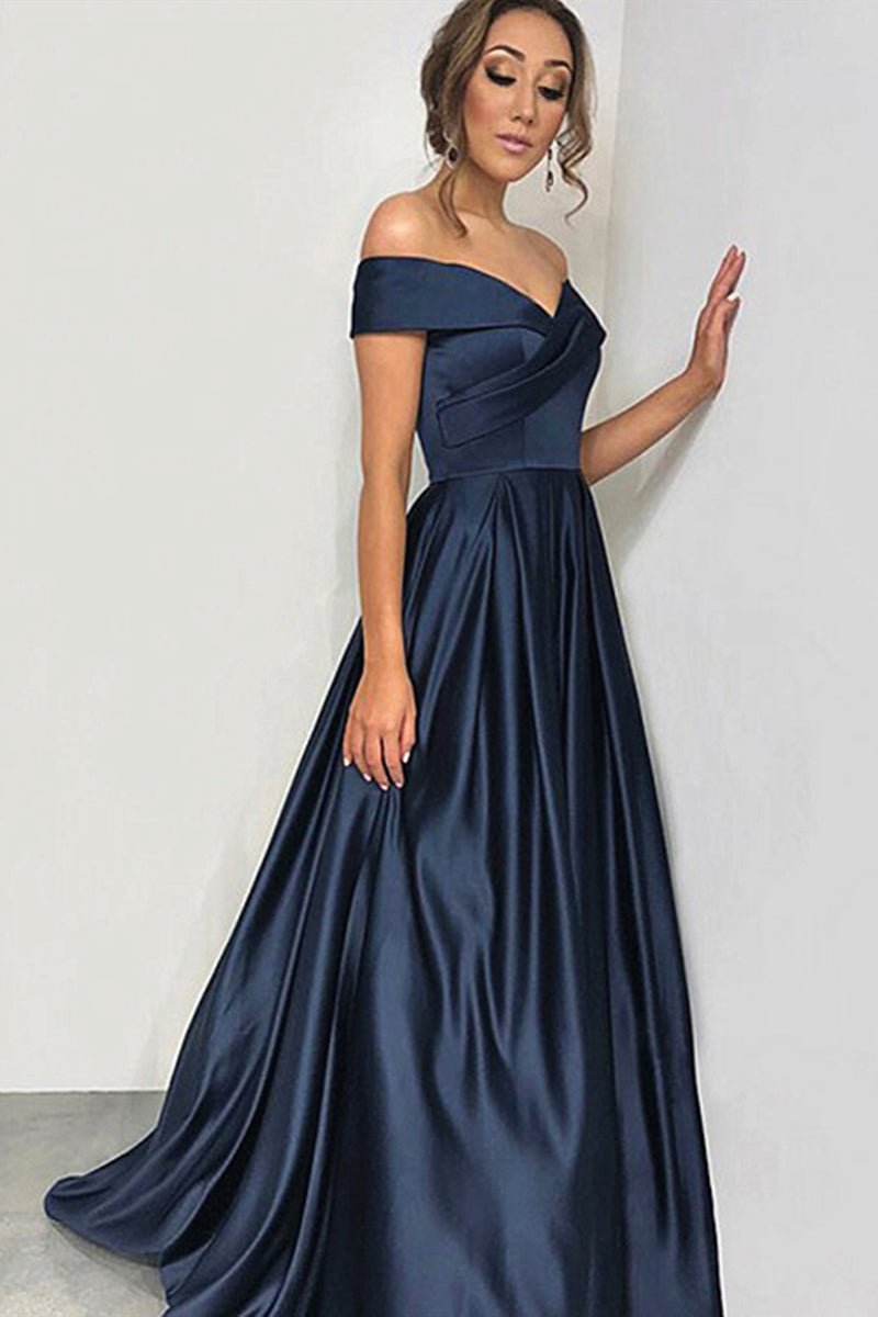 Off the Shoulder Dark Navy Blue Long Prom Dresses, Off Shoulder Dark N