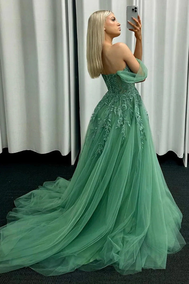 Off The Shoulder Tulle Prom Dress Dark Green