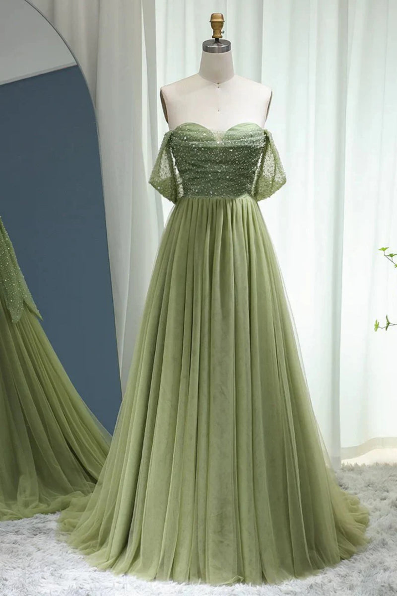Off the Shoulder Light Green Prom Dresses, Shiny Sage Green Formal Eve