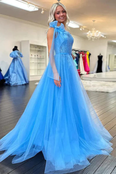 One Shoulder Blue Lace Long Prom Dresses with High Slit, One Shoulder Blue Formal Dresses, Blue Tulle Evening Dresses