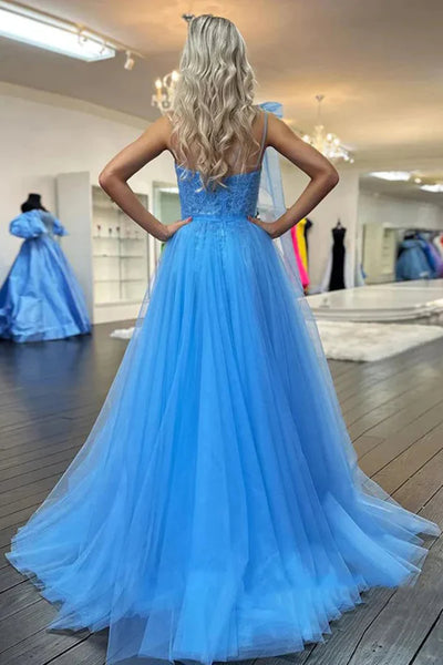 One Shoulder Blue Lace Long Prom Dresses with High Slit, One Shoulder Blue Formal Dresses, Blue Tulle Evening Dresses
