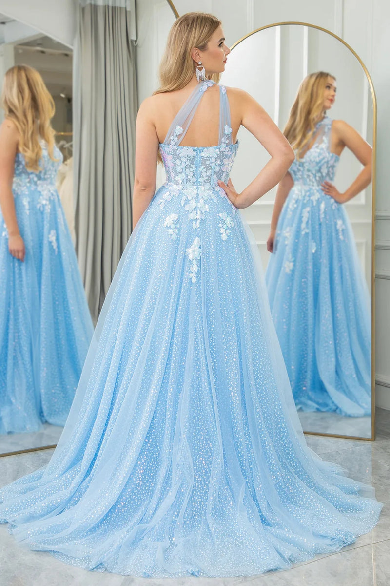 Stylish Long Blue One Shoulder Beading Lace Prom Dress with Slit main image 1