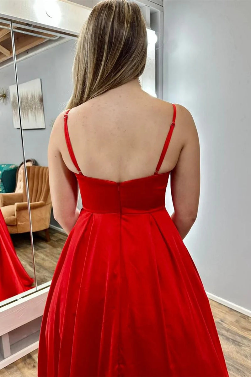 Open Back A Line Red Satin Long Prom Dresses, Long Red Formal Graduati