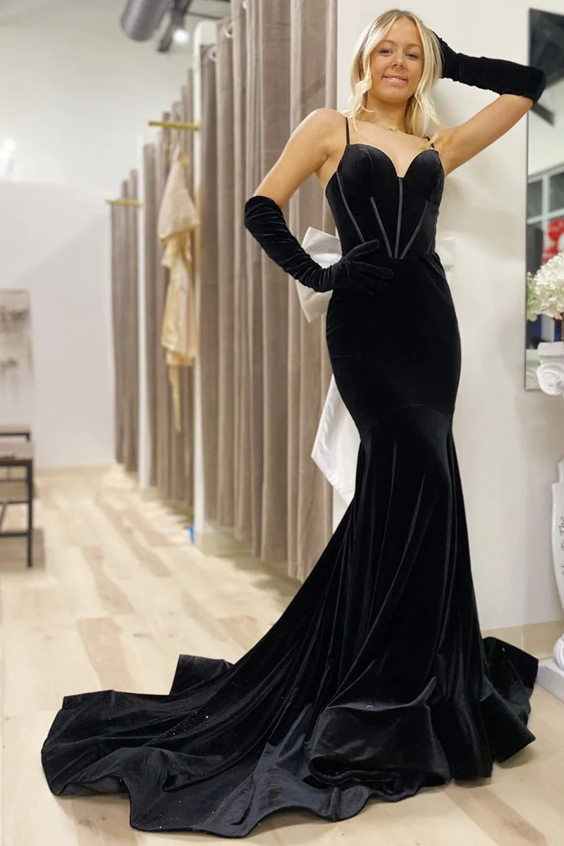 Open Back Mermaid Black Velvet Long Prom Dresses with Train, Black Vel
