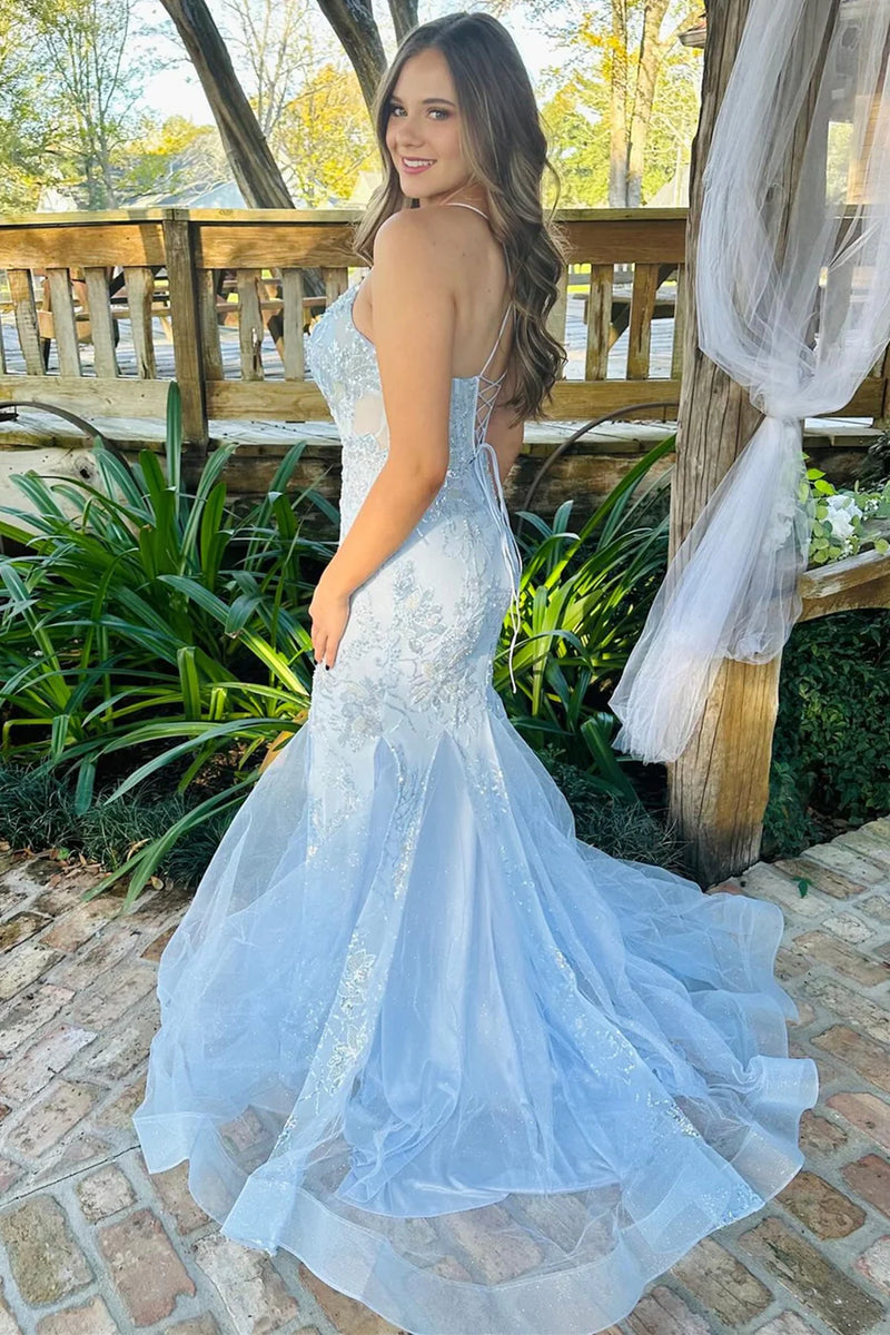 fitted lace wedding dress Open Back Mermaid Light Blue Lace Long Prom Dresses, Mermaid Light Blu –  Eip Collection
